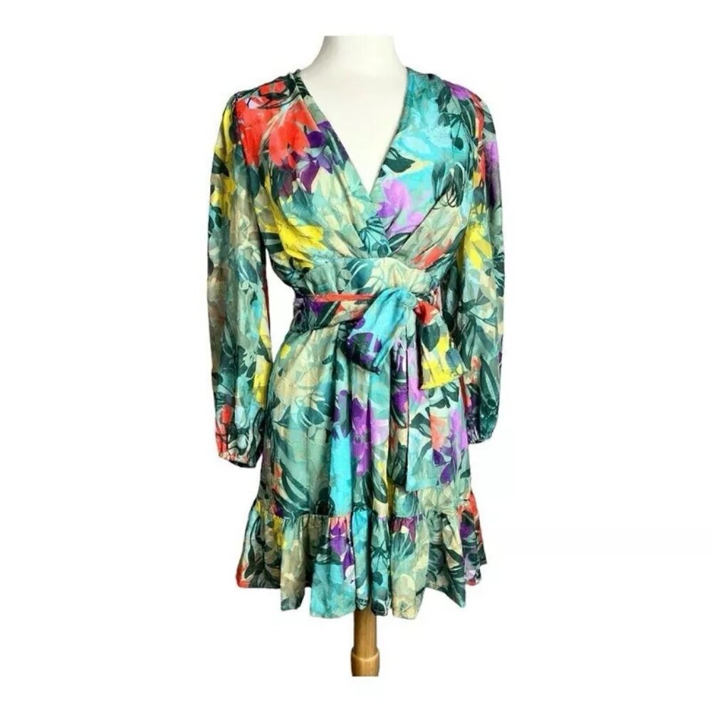 Alex Marie Ruffle Dress 6P Petites Floral Sheer Chiffon V-Neck Puff Sleeve Tier